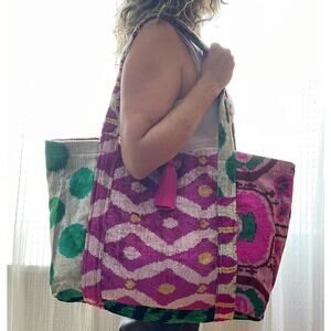 Handwoven Fuschia Green Silk Cotton Blend Tote Beach Bag W.Pom